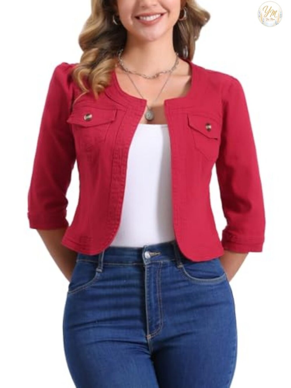 Denim Cardigan 3/4 Sleeve Collarless Jean Jacket Button Front
